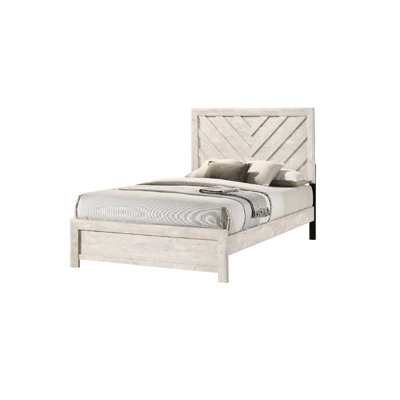 Contemporary Beige Gray Twin Size Bed With Rustic Geometric Headboard Accents Pattern And Wooden Frame