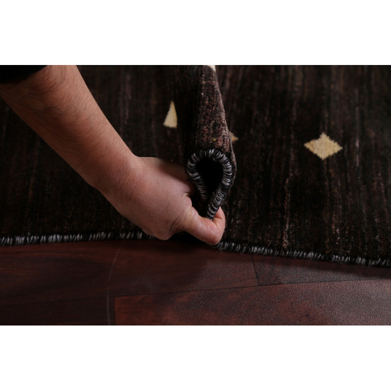 Tapis noir en laine noué à la main de conception unique 6 pi 7 po x 9 pi 7 po New Age
