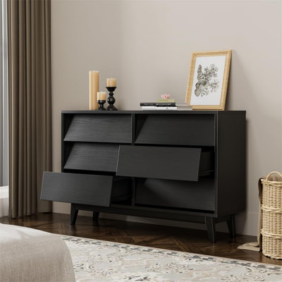 Modern 6 Drawer MDF Cabinet with Slanted Drawers, Handle-Free Storage Chest, Wood Legs