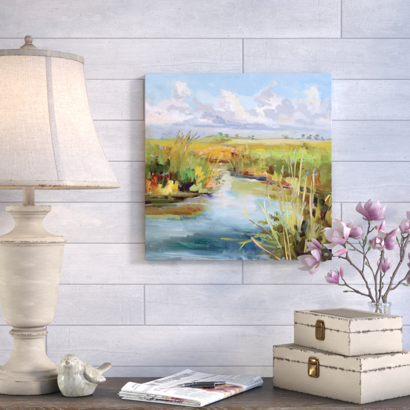 « après-midi skies » par carol hallock, peinture sur toile, H 18 po x l 18 po x P 1,5 po