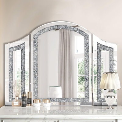 Modern Trifold Mirror With Crushed Diamond Inlay, 32" X 24" Silver Vanity Mirror For Bedroom, Bathroom, Glam Mirrors For Wall Decor Entryway Fireplace Mantel