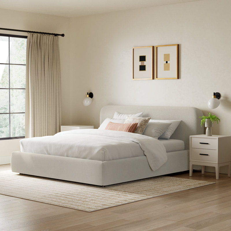 Bella Upholstered Platform Bed, Effie Linen Performance Linen, King
