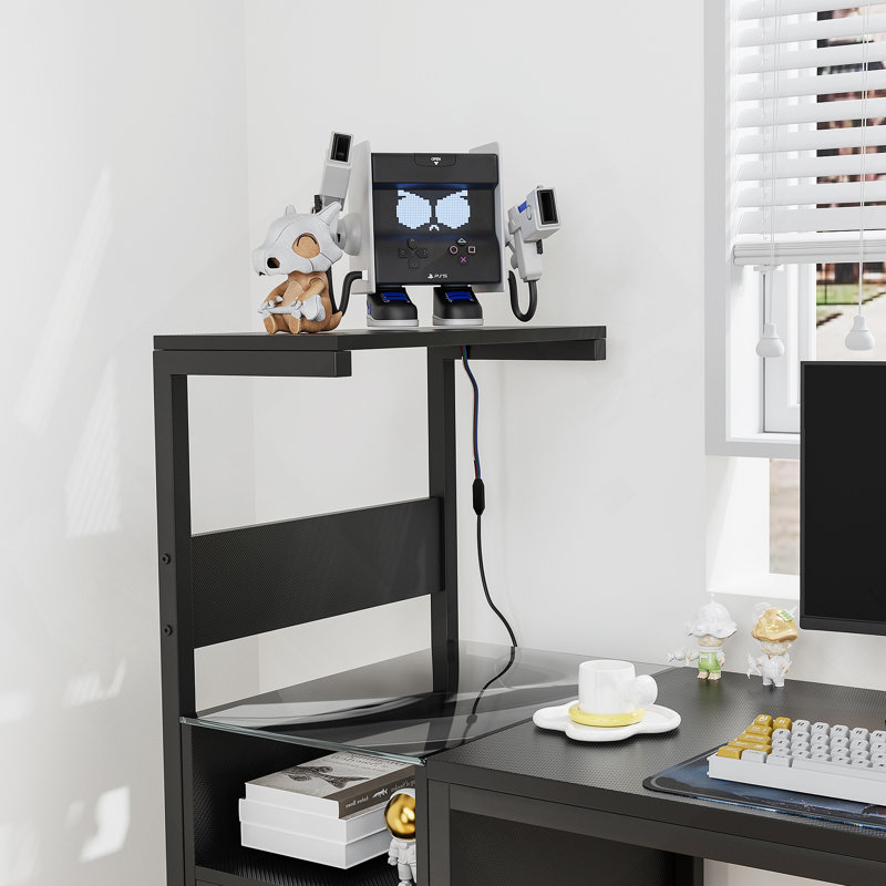 Computer Desk with Power Outlet & Storage Shelves, Study Table with USB Ports Charging Station