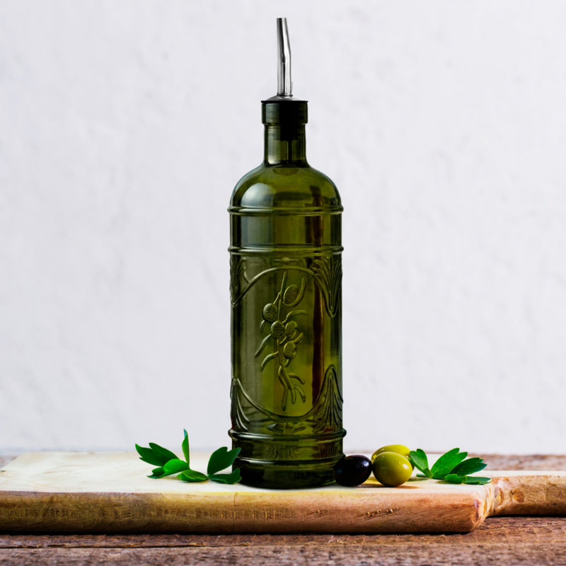 16.1oz. Glass Single Oil / Vinegar Cruet with Olive Branch Embossed Decorative Pattern, Vintage Green