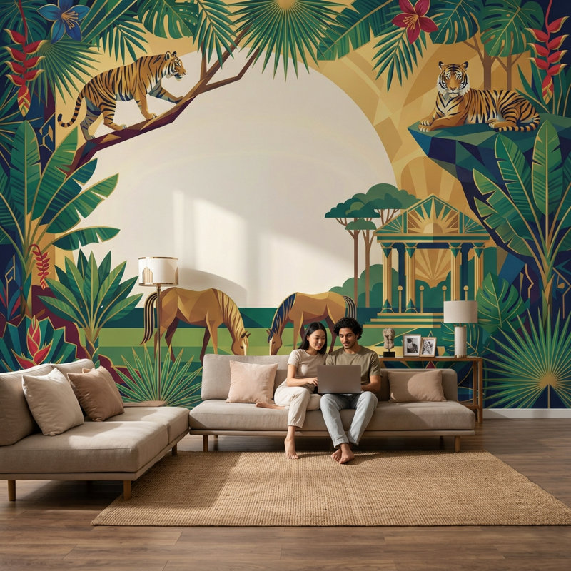 Décoration murale amovible Tigers de papier peint jungle tropicale, 140 po x 108 po, Non tissé