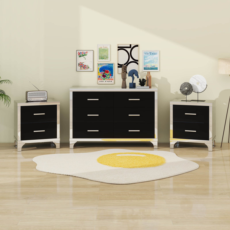 Ensemble de commode et table de chevet 3 pièces avec miroir et poignées en métal, Noir