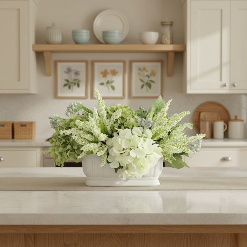 Arrangement de hortensias et bruyère Allan, Blanc/vert