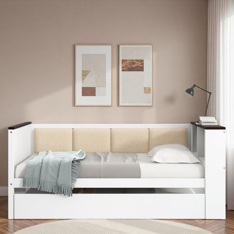 Wood Daybed With Storage Shelves, Upholstered Backrest And Usb, Twin