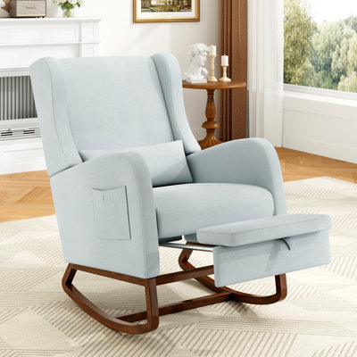 Modern Nursery Rocking Chair with Footrest, Upholstered Accent Armchair with Solid Wood Base