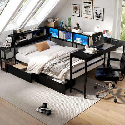 Cadre de lit d'angle avec bibliothèque et 2 tiroirs de rangement sous le lit, lit moderne avec lumière DEL et station de charge, interchangeable gauche et droite