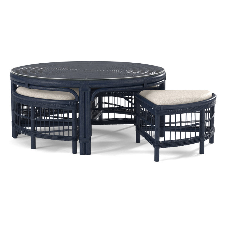 Raffles Rattan Cocktail Table with Benches, Navy, Green Performance Fabric; 0851-54