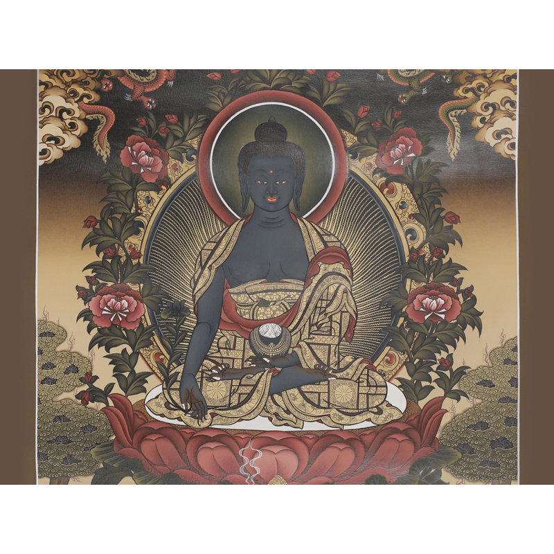 Bouddha de la médecine, art mural bouddhiste tibétain peint à la main Thangka, sans brocart, or 24 carats et acrylique, 24 po