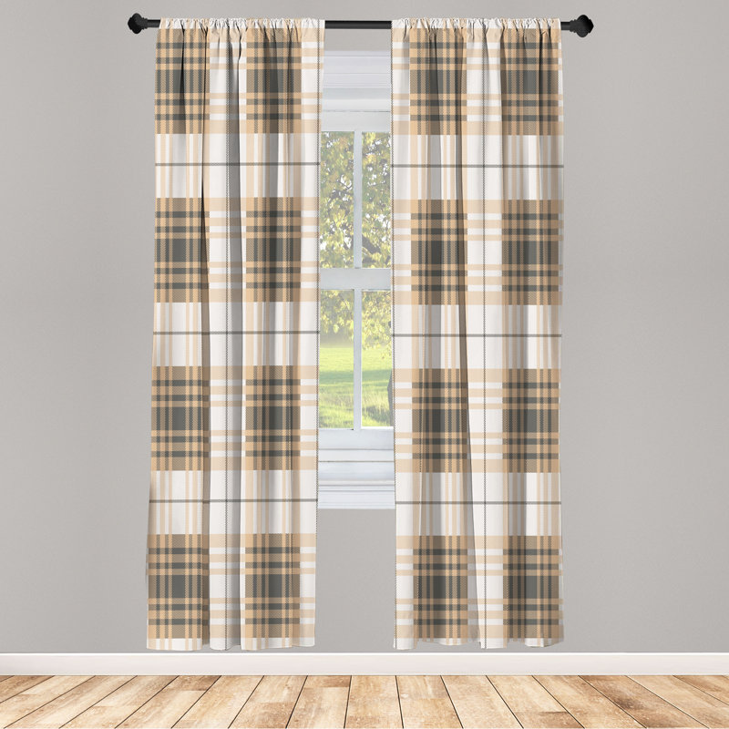  Checkered Curtains, Plaid Tartan English Tile, 56" W x 63" L, Tan Eggshell