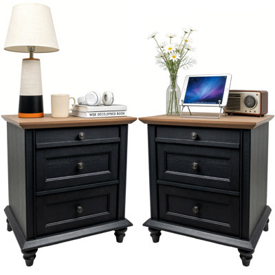 Rutland Set Of 2, Farmhouse Bed Side Table And 3 Storage Drawers With Solid Wood Legs For Bedroom