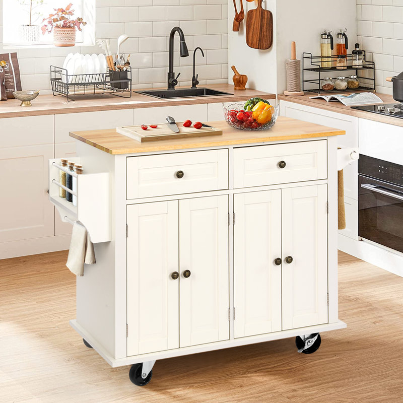 43.3'' Wide Rolling Kitchen Island with Storage and Solid Wood Top, White