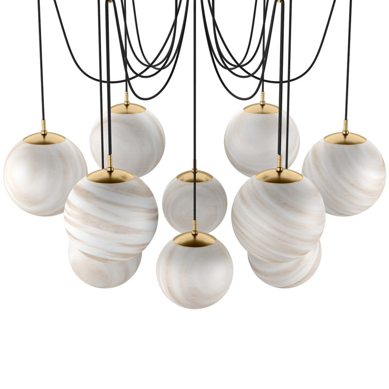 Spider 13 - Light LED Chandelier, Marbled Matte Glass, Burnished Brass