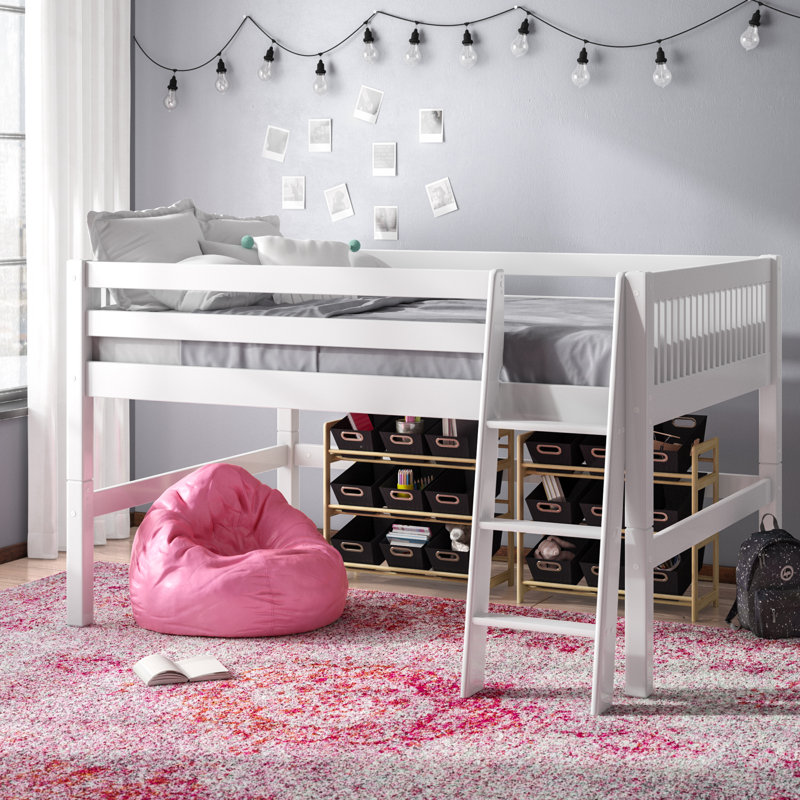 Lit mezzanine double en bois massif Fradin, Blanc
