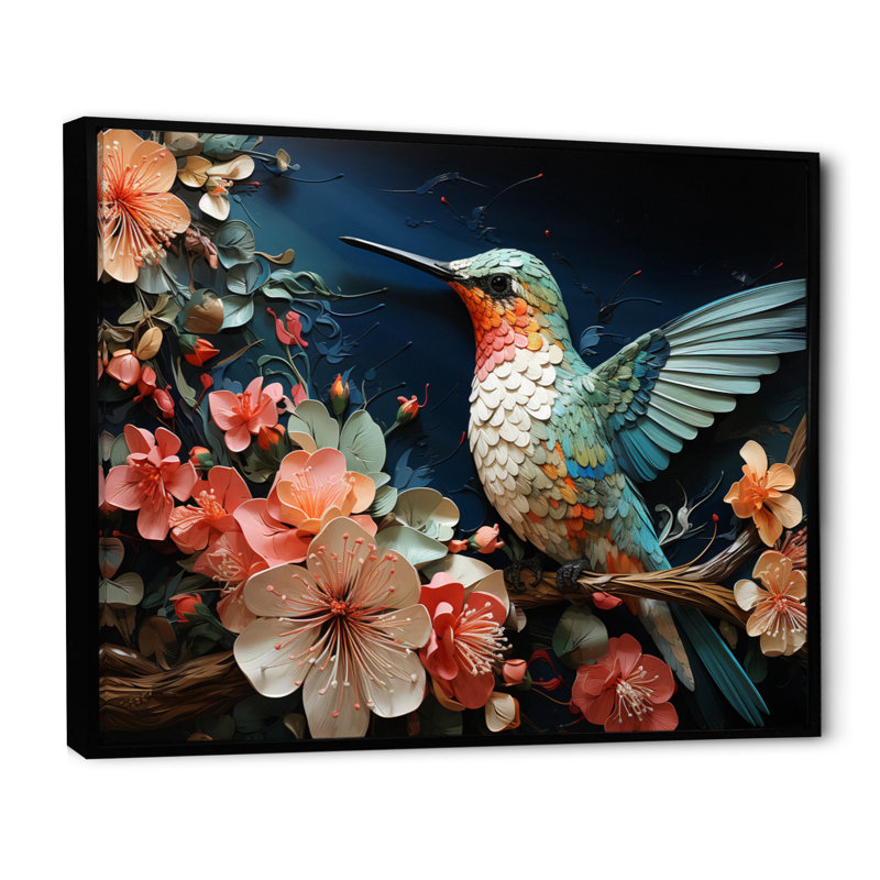 Teal Pink Hummingbird Harmony - Animals Canvas Wall Art, H 30 po x l 40 po x P 1,5 po, Cadre flottant noir