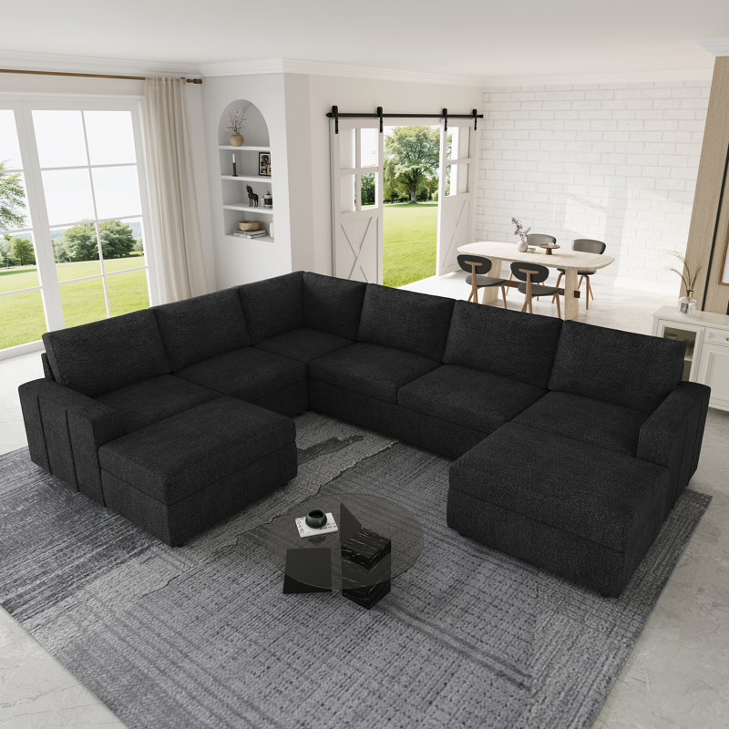 Storage U-Shaped Sectional Corner Sofa With Two Ottomans, Gray Chenille