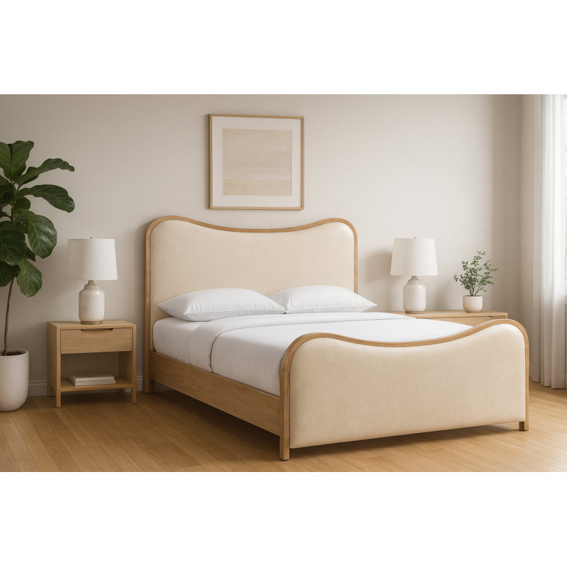 Lit tapissier Arvada, Double, Crème végétalien en cuir / brossé naturel