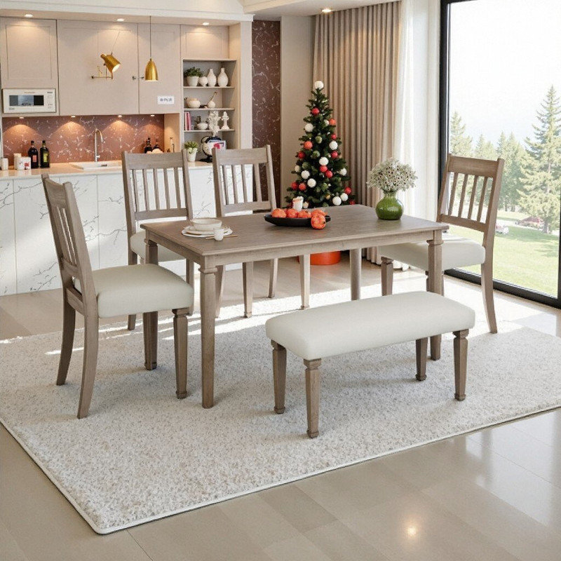 6-Piece Classic Dining Set With Rectangular Table 4 Chairs And Bench, Brown