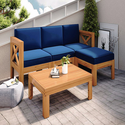 Outdoor Backyard Patio Wood 5-Piece Sectional Sofa Seating Group Set With Cushions, Natural Finish+ Blue Cushions