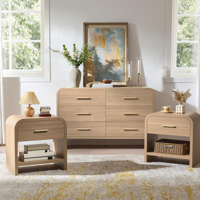 Bedroom Furniture Set Of 3 – Modern Rounded Corner Design, 2 Nightstands + 6-Drawer Dresser, Wooden Storage Set