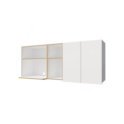 Natural Oak And White Kitchen Cabinet With Microwave Space And Open Shelf