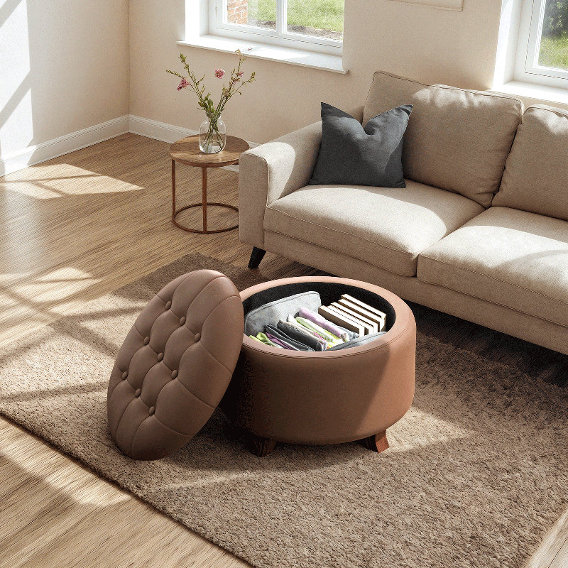 Storage Ottoman With Padded Seat, Modern PU Leather Footrest, Round Stool For Living Room Bedroom, Brown