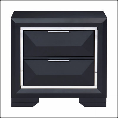 Table de chevet moderne à finition minuit avec deux tiroirs et bordure en acrylique biseauté, parfaite pour les chambres élégantes