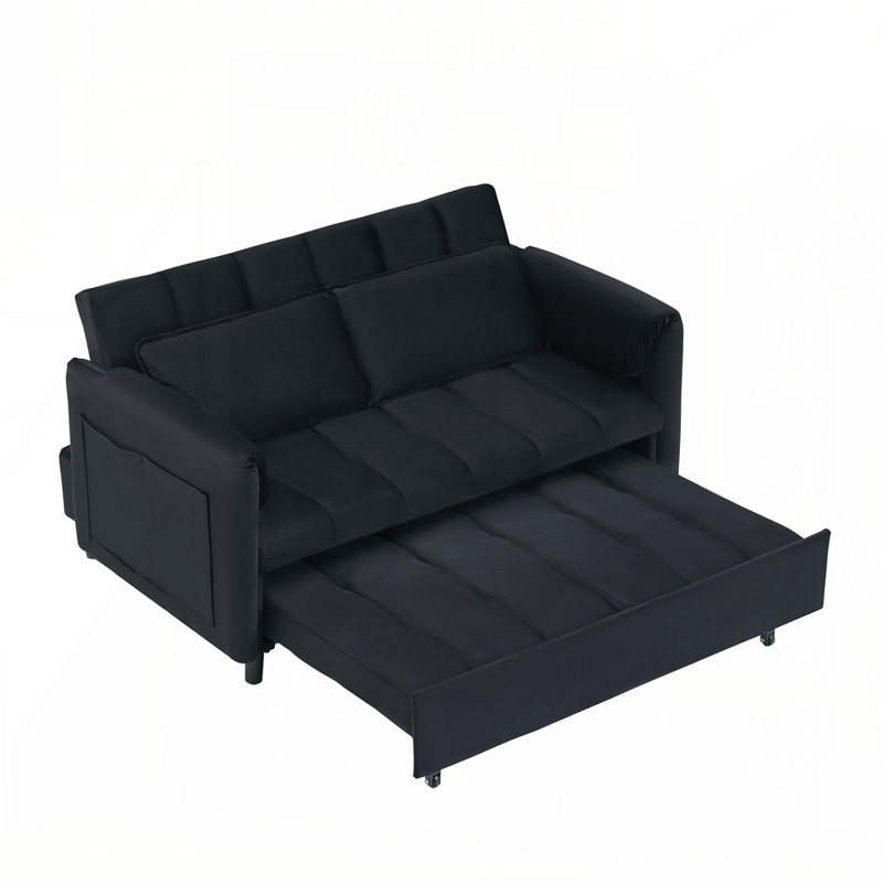 55" Two Seater Pull Out Sofa Bed, Adjustable Backrest With USB Ports, Two Side Pockets, Black Velvet
