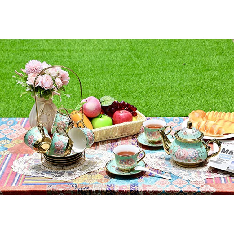 Amazingware Porcelain Tea Set - Tea Cup and Saucer Set Service for 6, with  28 oz Teapot Sugar Bowl Cream Pitcher Teaspoons and Tea Strainer - for