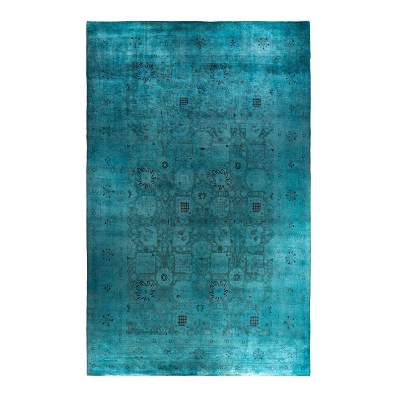 Tapis unique noué à la main Vibrance - bleu, 11 pi 10 po x 18 pi 10 po