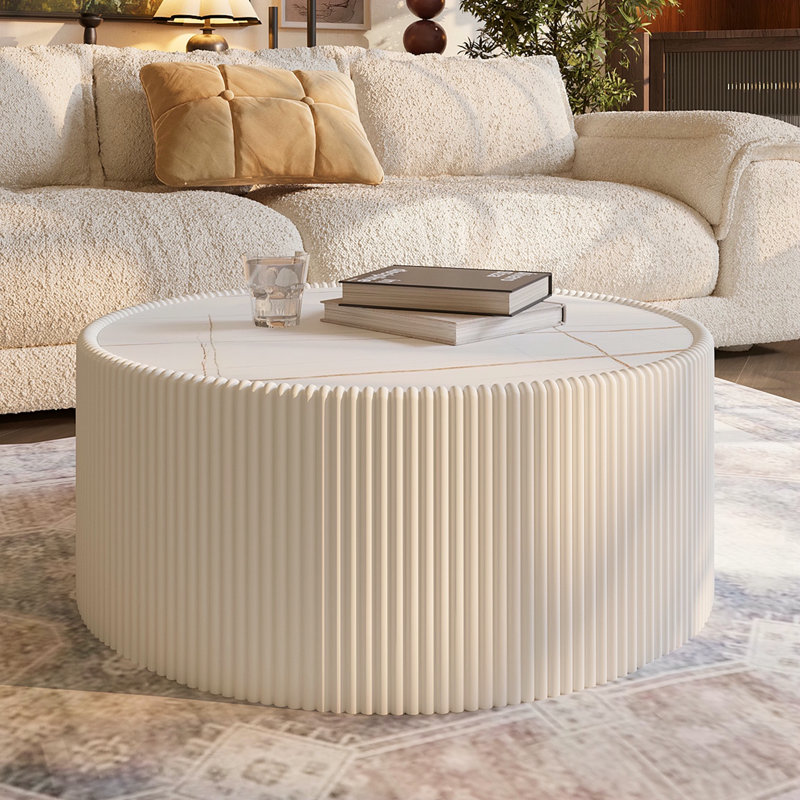 Table basse moderne en cuir fritté avec dessus en pierre, Blanc lait