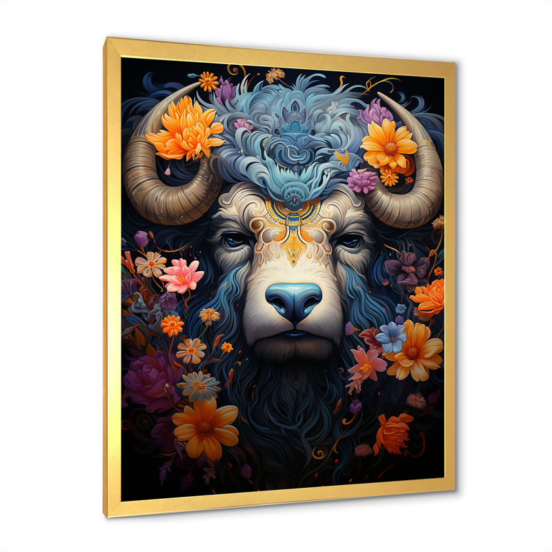 Yak Cosmic Highlanders sur toile, Cadre doré simple, H 32 po x l 16 po x P 1 po