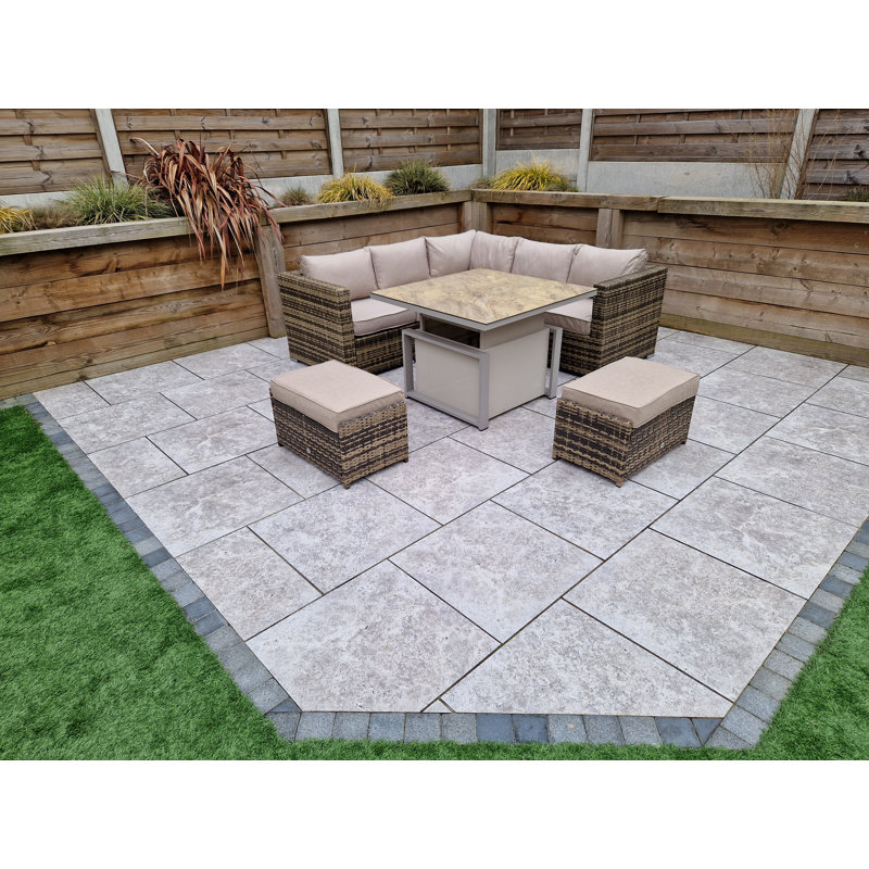 Kurman Outdoor Curved Garden Corner Sofa with Cushions, Beige, Brown