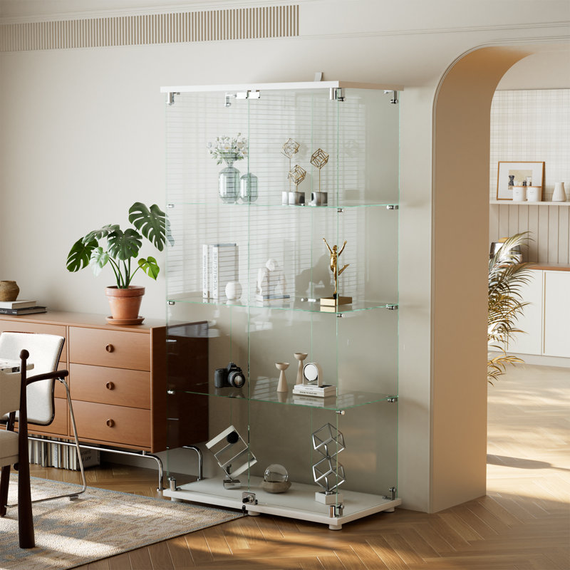 Tempered Glass Display Cabinet, Clear Showcase For Collectibles, White