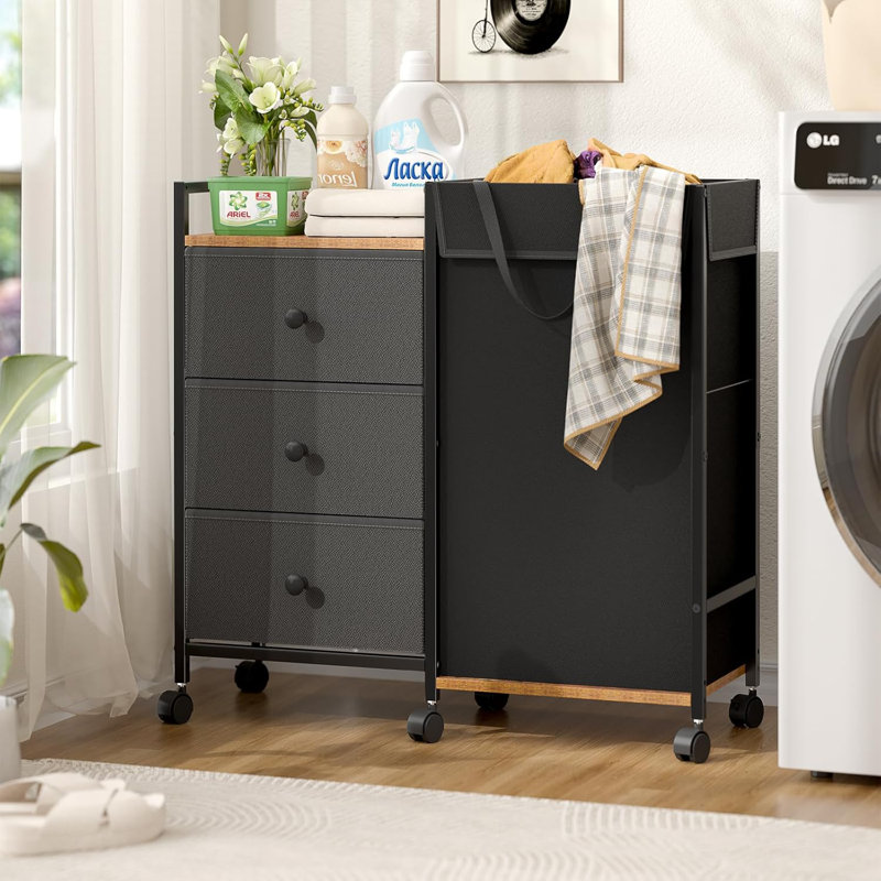 Laundry Hamper With Wheels, Laundry Sorter With Shelf And 3 Drawers, Total Capacity 123L,32.5 Gal ,3 Drawers+Bags, Laundry Cabinet With Fabric Detachable Bags, Clothes Hampers For Bedroom Bathroom