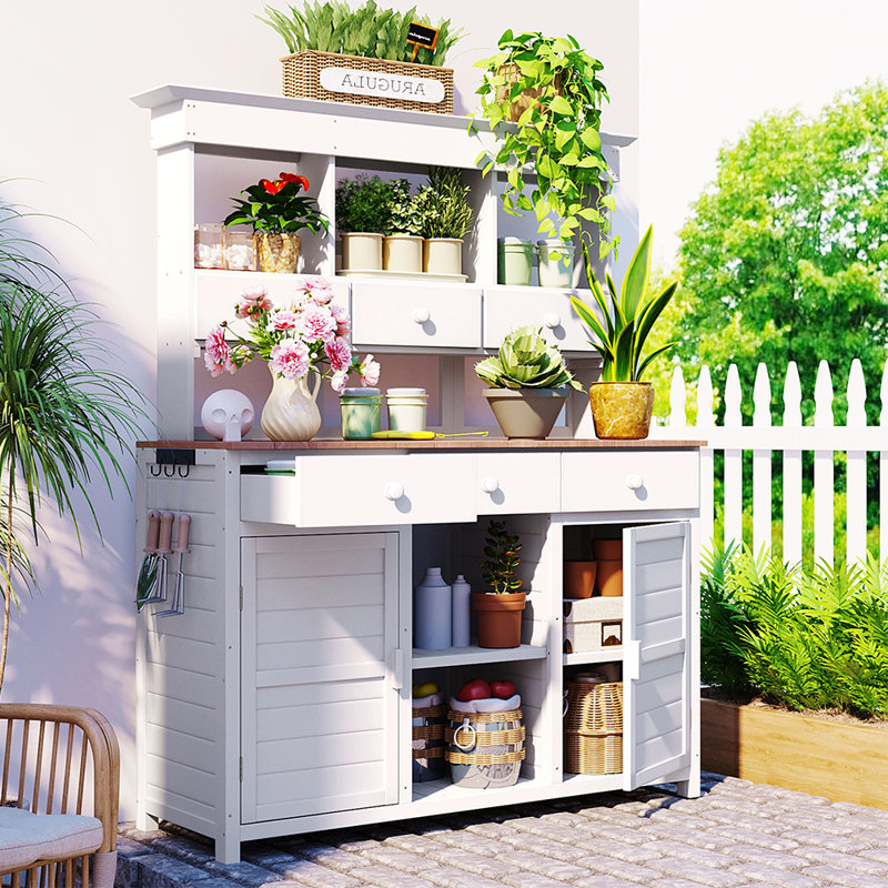 Farmhouse Rustic Outdoor Potting Bench Table With Hutch, Patio Storage Workstation With 3 Shelves,6 Drawers,2 Bottom Cabinets & Side Hooks