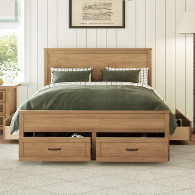Structure de lit grand avec 6 tiroirs, lit plateforme avec support en lattes de bois