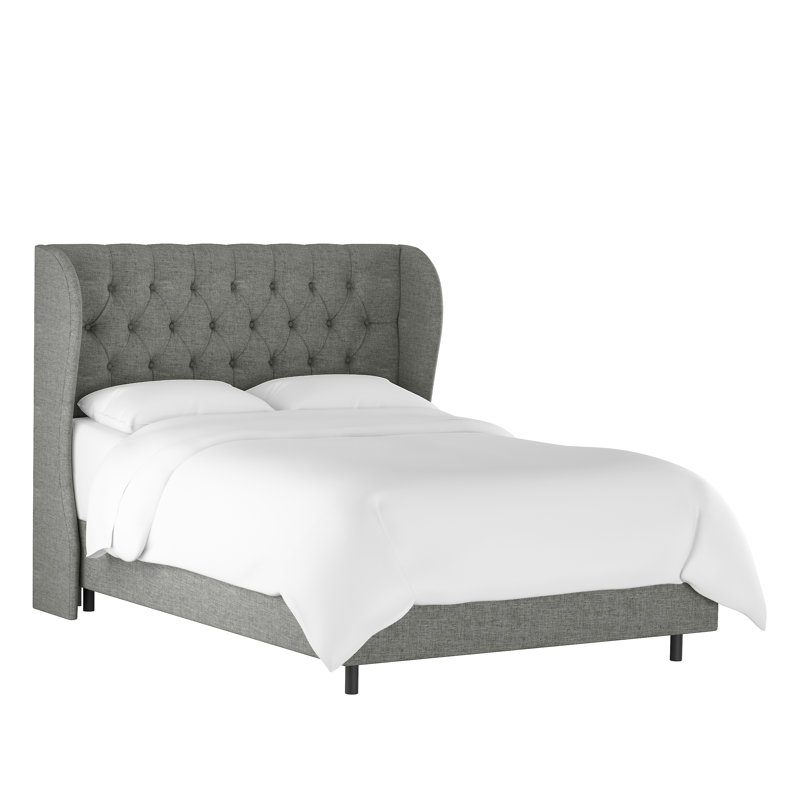 Lit tapissier capitonné standard à profil bas Tomey, Lin classique gris, Lit simple