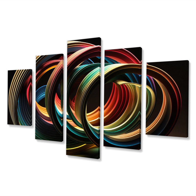 Neon arc-en-ciel 3D, objet I - abstrait spirales sur toile - 5 panneaux