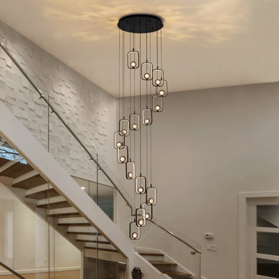Pawnee 16-Light Black Cylinder Chandelier with Crystal Balls, Dimmable LED Lights & Remote Control for High Ceilings
