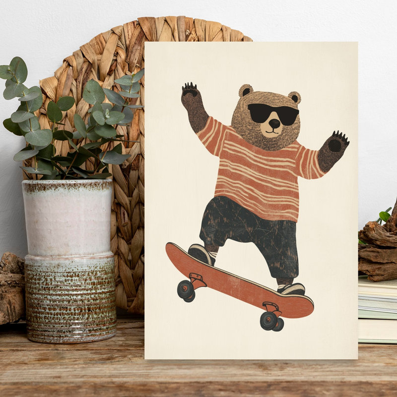 Cool Bear Skater Modern Playful Retro Bear Wall Art Print 1 Piece Wrapped Canvas Wall Art, 45.72cm H x 30.48cm W