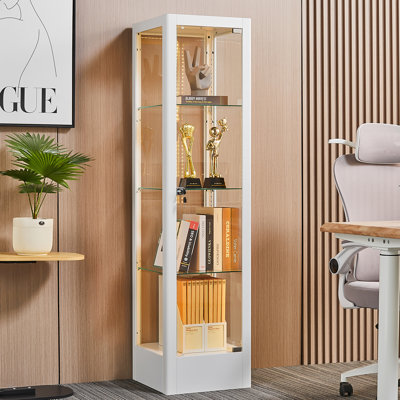 63"H Metal Glass Display Cabinet with Adjustable Shelves and Lights, Lockable Storage Cabinet