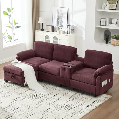 L-Type Multifunctional Corduroy Sofa: 4-Seater Segmented Design With Cup Holder/USB Interface/Storage Box, Equipped With Movable Console+Ottoman Style Storage Space, Optimized For Apt.