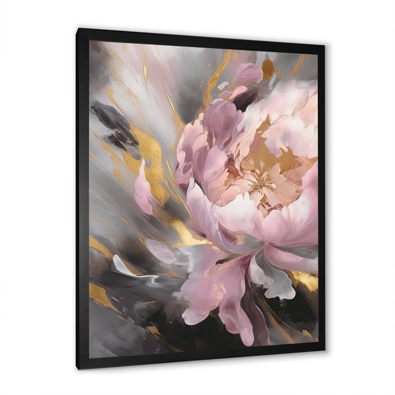 Reproduction d'art sur toile pivoine enchantée rose et or I, H 32 po x l 24 po, Cadre photo noir