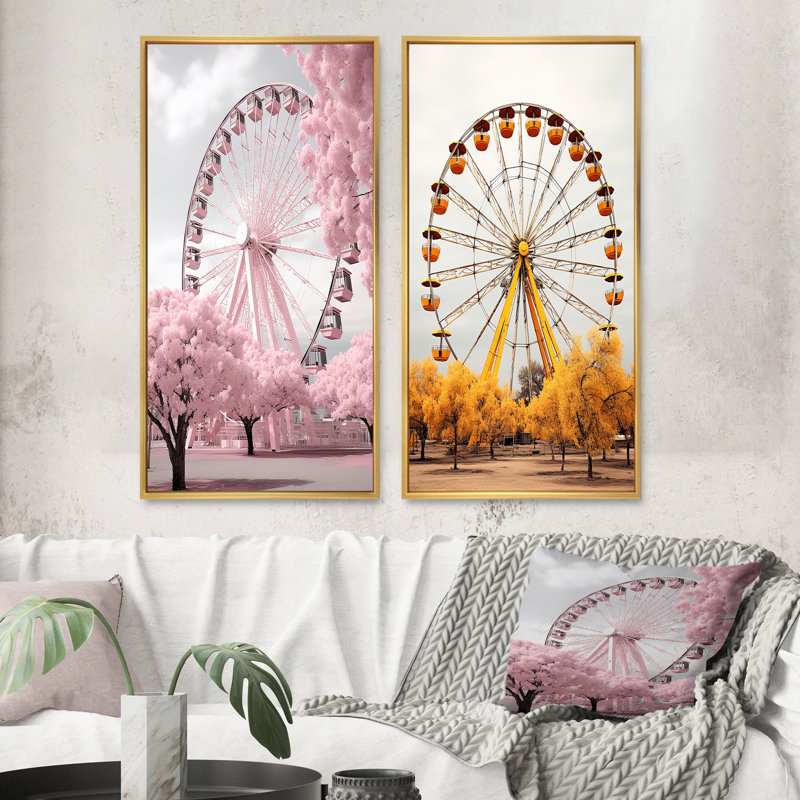 «Pink Ferris Wheel Magical Spin» 2 - Pièces sur, Encadrement doré, H 40 po x l 40 po