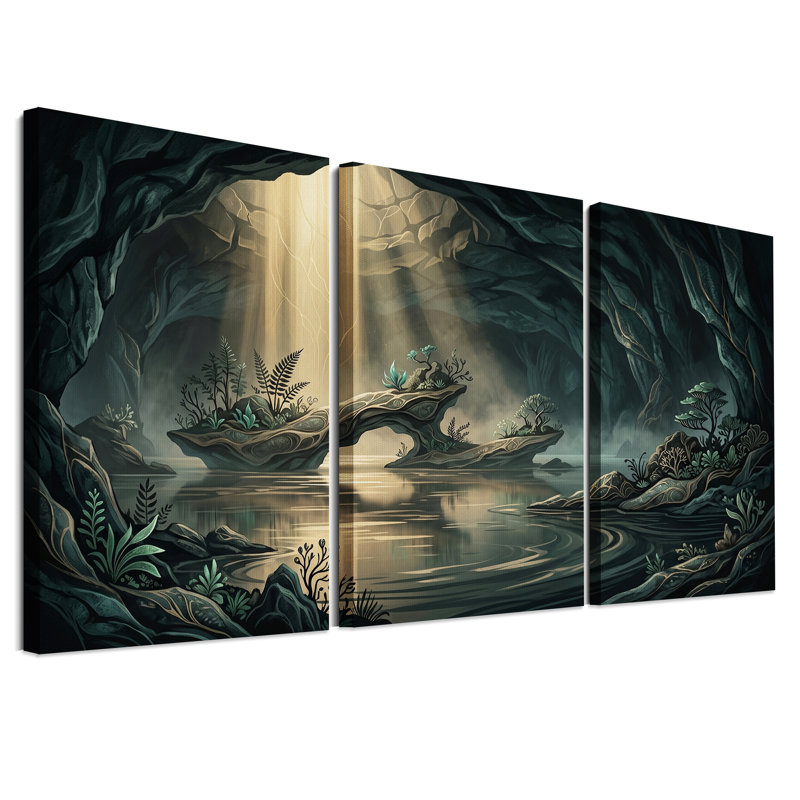 Ensemble de 3 toiles murales représentant un paysage fantastique de grotte baigné de rayons de soleil dorés