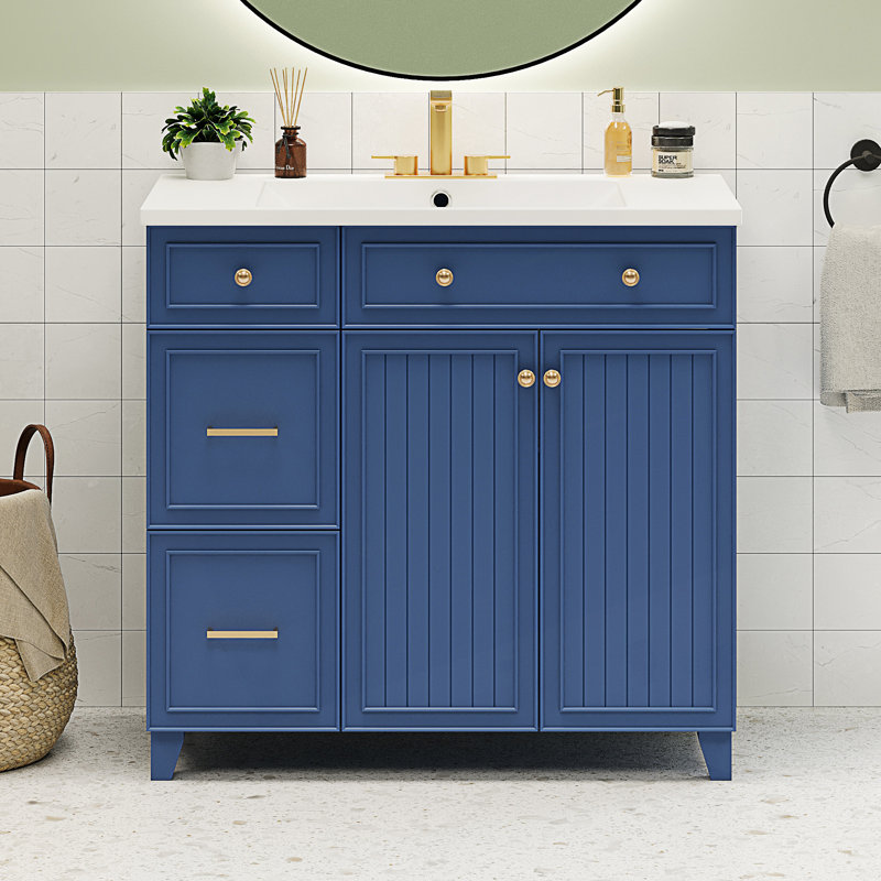 Meuble-lavabo moderne, armoire de salle de bain avec lavabo en résine, armoire de salle de bain simple avec 2 tiroirs et 1 tablette de rangement réglable, 2 portes à fermeture en douceur